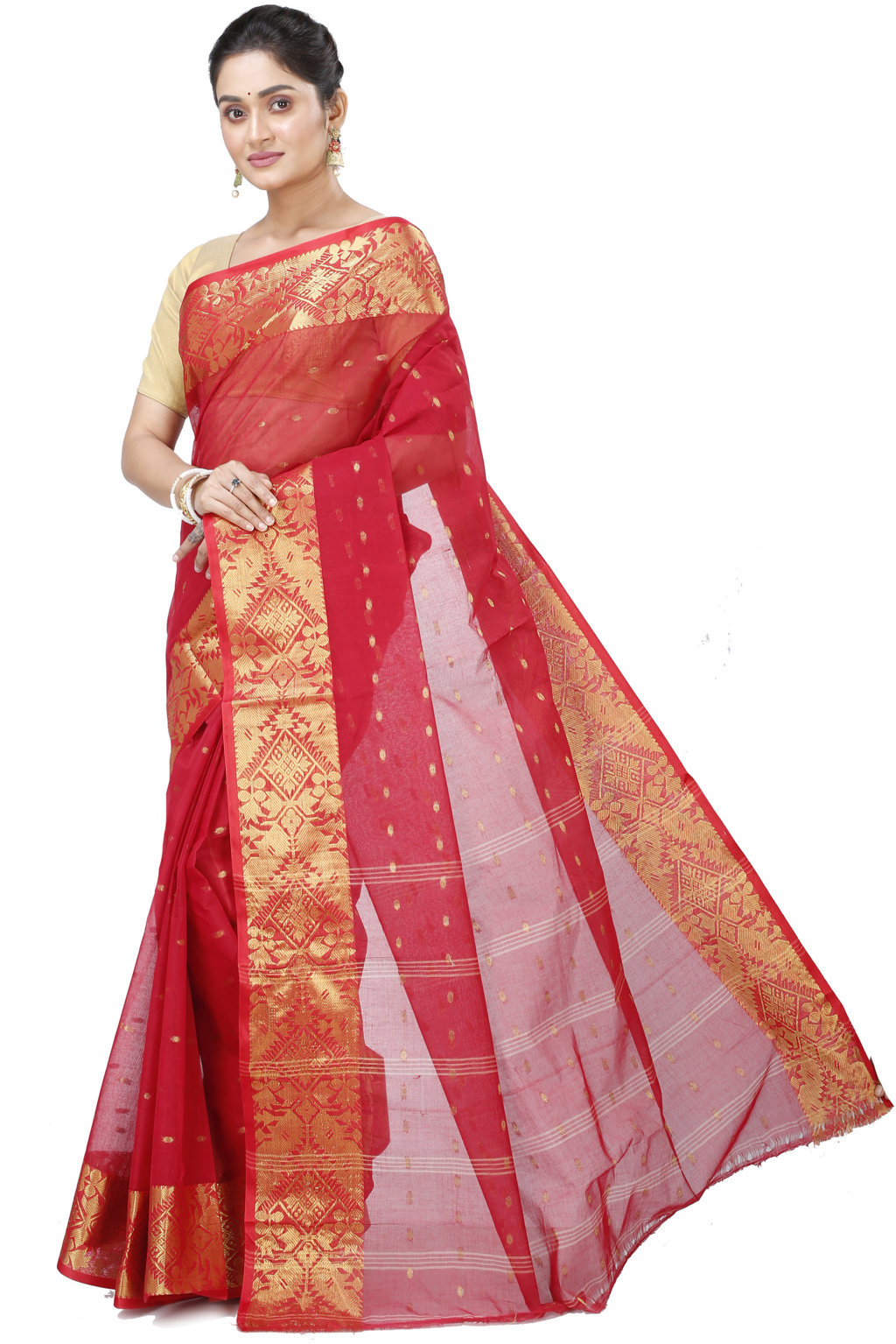 Red Pure Cotton Gopa Tant Saree (927)